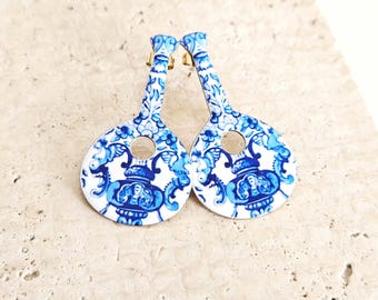 Portuguese Guitar Tile Blue Stud Earring Large Sized GOLD STEEL Earring Antique Enamel Azulejo Fado Guitar Lightweight Whimsical Music Gift