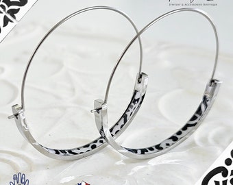 Black White STEEL HOOP Tile Earring Portugal Handmade Lightweight Silver Azulejo Flat Hoop Historical Jewelry Portuguese Tile Earrings
