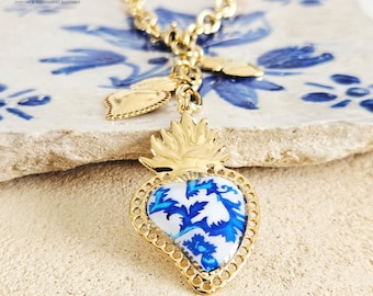 CHARM Tile Gold Large Paperclip Necklace Portuguese Heart Charm Stainless Steel Necklace Gold Jewelry Blue Azulejo Big Sized Sacred Heart