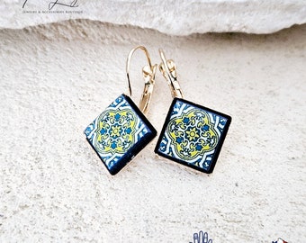 Portugal Fliesen Azulejo Ohrring Goldtropfenohrring Kleine Blaue Gelbe Fliesenohrringquadrat Sommer Goldohrring Reise aus Portugal Souvenir Geschenk