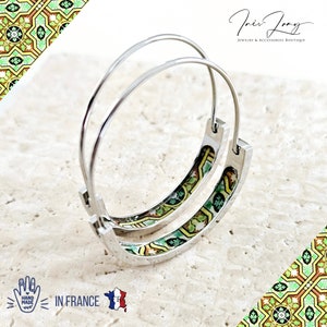 Antique GREEN Portugal Tile 1.2&#39;&#39; Silver HOOP Earring Thin Flat STEEL Azulejo Hoop Historical Jewelry Travel Globetrotter Gift Handmade Gift