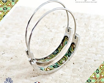 Antique GREEN Portugal Tile 1.2'' Silver HOOP Earring Thin Flat STEEL Azulejo Hoop Historical Jewelry Travel Globetrotter Gift Handmade Gift