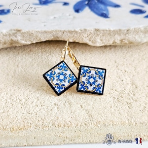 Portugal Azulejo Earring Blue Yellow Tile GOLD Drop Earring Square Geometric Earring Majolica Tile Pattern Antique Tile Earring Wife Gift