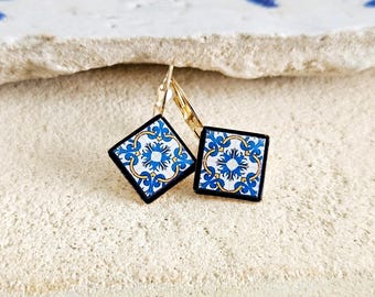 Portugal Azulejo Earring Blue Yellow Tile GOLD Drop Earring Square Geometric Earring Majolica Tile Pattern Antique Tile Earring Wife Gift