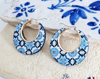 Portuguese Tile Hoop Earring Blue Antique Azulejo Statement Earring Handmade Gift Blue Gold Hoop Daughter Gift Mother Jewelry Gift for Her