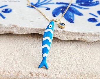 Portuguese Sardine Necklace Fish Blue White Stripe Enamel Pendant Gold Sea Animal Long Fish Sardine Jewelry Gift Portugal Souvenir Gift