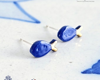 Porcelain Sardine Stud Earring 925 Silver Post Earring Royal Blue Ceramic Earring Gold Tail Small Fish Earring Clay Tile Studs Ocean Jewelry