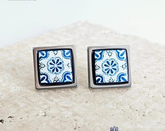 Small Antique Tile Silver STEEL Post Earring Portuguese Tile Square Blue White Geometric Gift Azulejo Jewelry Handmade Travel Gift Souvenir