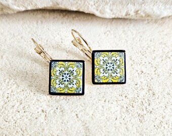 Yellow Portuguese Tile Earring Diamond Shape Drop GOLD Earring Azulejo Jewelry Mother Anniversary Gift for Women Travel Mediterranean Gift