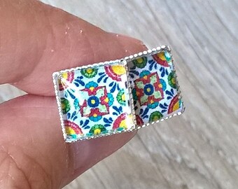 Mexican tiles stud earrings small glass studs Mexico Talavera tile earrings Colorful Fiesta Post Earrings Latino wall art stud earrings