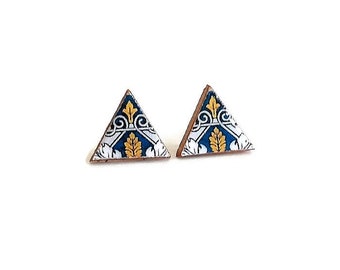 Triangle Tiles Stud Earrings Geometric small earrings Portugal azulejo tile studs Vintage retro small tile studs Blue gold triangle stud