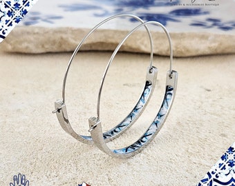 Blue Silver Flat Thin HOOP Tile Earring Portugal Lightweight STEEL Azulejo Hoop Historical Jewelry Minimal Earring Gift Women Portuguese Mom