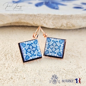 Portugal Azulejo Rose Gold Earring Portuguese Tile Drop Earring Square Geometric Earring Majolica Blue Tile Antique Azulejo Earring Handmade