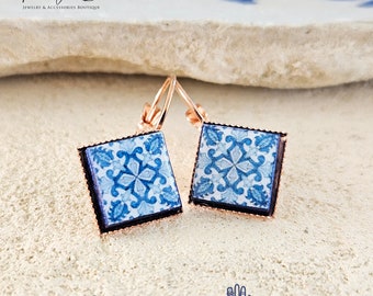 Portugal Azulejo Rose Gold Earring Portuguese Tile Drop Earring Square Geometric Earring Majolica Blue Tile Antique Azulejo Earring Handmade