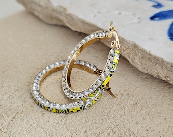 CZ Pave HOOP Tile Earrings Yellow Blue Portugal Azulejo Earrings Lightweight Gold STEEL Hoops Historical Jewelry Anniversary Women Gift Tile