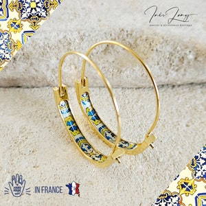 GOLD Flat 1.2&#39;&#39; HOOP Tile Earring Portugal Stainless STEEL Azulejo Delicate Hoop Historic Gold Jewelry Travel Gift Portuguese Handmade Gift