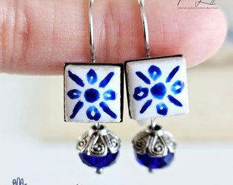 Hand Painted CERAMIC Tile Earrings Portuguese Blue STEEL Azulejo Earrings Square Natural Stone Stud Earrings Stainless Steel Porcelain Studs