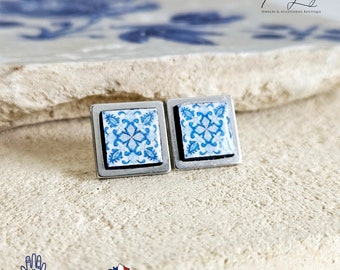 Small Antique Tile Silver STEEL Post Earring Portuguese Tile Square Blue White Geometric Gift Azulejo Jewelry Handmade Travel Gift Souvenir