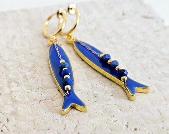 Portuguese Sardine Earring Natural Stone Blue GOLD Sardine Earring Gold Drop Long Earring Sardine Enamel Earring Gift From Portugal for Her