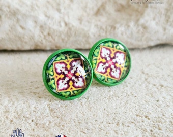 Emerald Green Azulejo Stud Earring Portugal Antique Tile Majolica Gift Handmade Earring Round Tile Jewelry Gift for Daughter Mother Sister