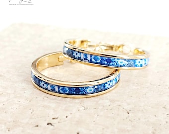 GOLD Blue White Tile Earring Portugal STEEL Azulejo Flat Thin Hoop Historical Gift Travel Jewelry Women Gift 2.8cm|1.10''