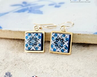 Porto Small Tile GOLD Earring Portuguese Blue White Tile Earring Azulejo STEEL Square Earring Portugal Tile Gift Travel Souvenir Spouse Gift