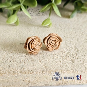 Cork Rose Post Earring Natural Vegan Leather Handmade Roses Cork Stud Eco Friendly Upcycled Bark Tree Jewelry Portuguese Cork Made in France