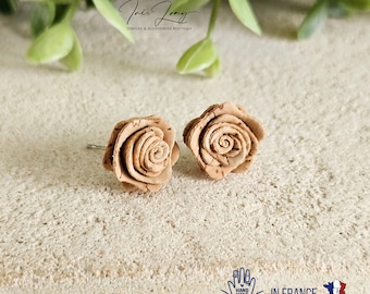 Cork Rose Post Earring Natural Vegan Leather Handmade Roses Cork Stud Eco Friendly Upcycled Bark Tree Jewelry Portuguese Cork Made in France