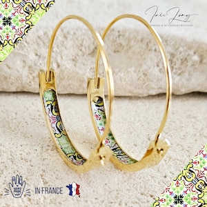 Antique GREEN Portugal Tile 1.2&#39;&#39; Gold HOOP Earring Thin Flat STEEL Azulejo Hoop Historical Jewelry Travel Woman Gift Handmade Parisian Gift