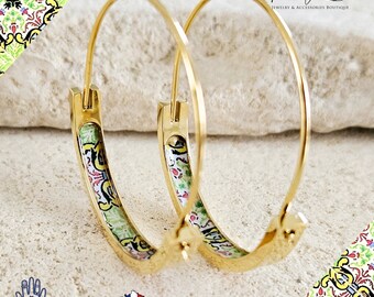 Antique GREEN Portugal Tile 1.2'' Gold HOOP Earring Thin Flat STEEL Azulejo Hoop Historical Jewelry Travel Woman Gift Handmade Parisian Gift