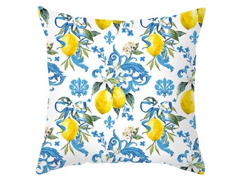 Sicilian Lemon Tile Pillow Cover Home Decor Majolica Citrus Pillow Case Yellow Blue Cushion Cover Summer Decor Indoor Outdoor Garden Decor