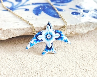 Swallow Portugal Tile Pattern Necklace Blue White Tile Enamel STEEL Pendant Gold Jewelry Gift Flower Spring Portuguese Layering Necklace