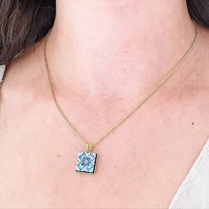 GOLD Porto Tile Charm Necklace Portuguese Blue White Tile Azulejo Gold Pendant Steel Square Necklace Tile Portugal Gift Handmade Souvenir image 7