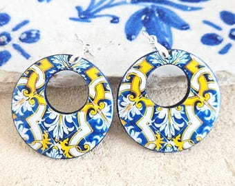 Portugal Antique Large Hoop Earring Portuguese Traditional 18th Century Tile Statement Hoop Majolica Blue Gold Hoop Travel Gift Hoop Tile