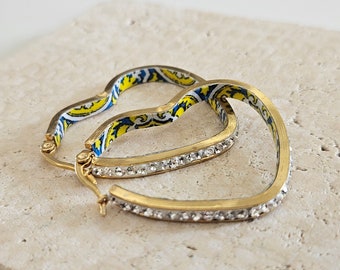 CZ Pave Heart HOOP Tile Earring Yellow Blue Portugal Azulejo Earring Light Gold STEEL Historical Jewelry Vacation Travel Gift Tile Souvenir