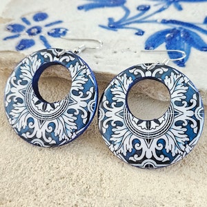 Portuguese Antique Majolica Tiles Hoop Earrings Blue White Hoops Classical Mediterranean Tile Wood Large Hoop Lightweight Large Hoop Tile