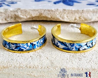 Blue Gold HOOP Tile Earring Portugal Azulejo STEEL Flat Large Hoop Historical Travel Jewelry Anniversary Gift Mom Birthday Portuguese Gift