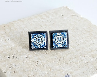 Small Antique Tile Silver STEEL Post Earring Portuguese Tile Square Blue White Geometric Gift Azulejo Jewelry Handmade Travel Gift Souvenir