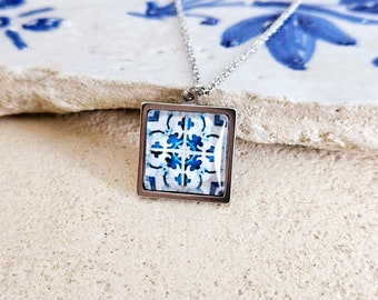 Lisbon Tile Charm STEEL Necklace Portuguese Blue White Tile Azulejo Silver Pendant Square Necklace Tile Portugal Gift Handmade Souvenir