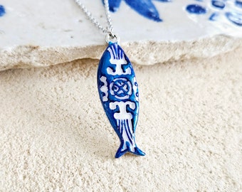 Portuguese Sardine Necklace Azulejo Fish Blue White Sardine Pendant Tile Gold Silver Filigree Charm Sardine Clay Jewelry Gift From Portugal