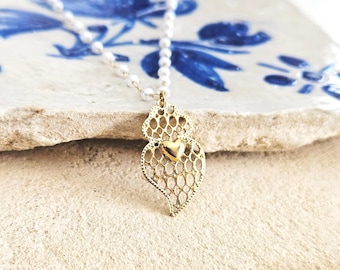 GOLD Filigree Heart Necklace Portuguese Viana Heart Pendant Portugal Jewelry Gold Heart Pendant With Pearl Chain Wife Thin Necklace Gift