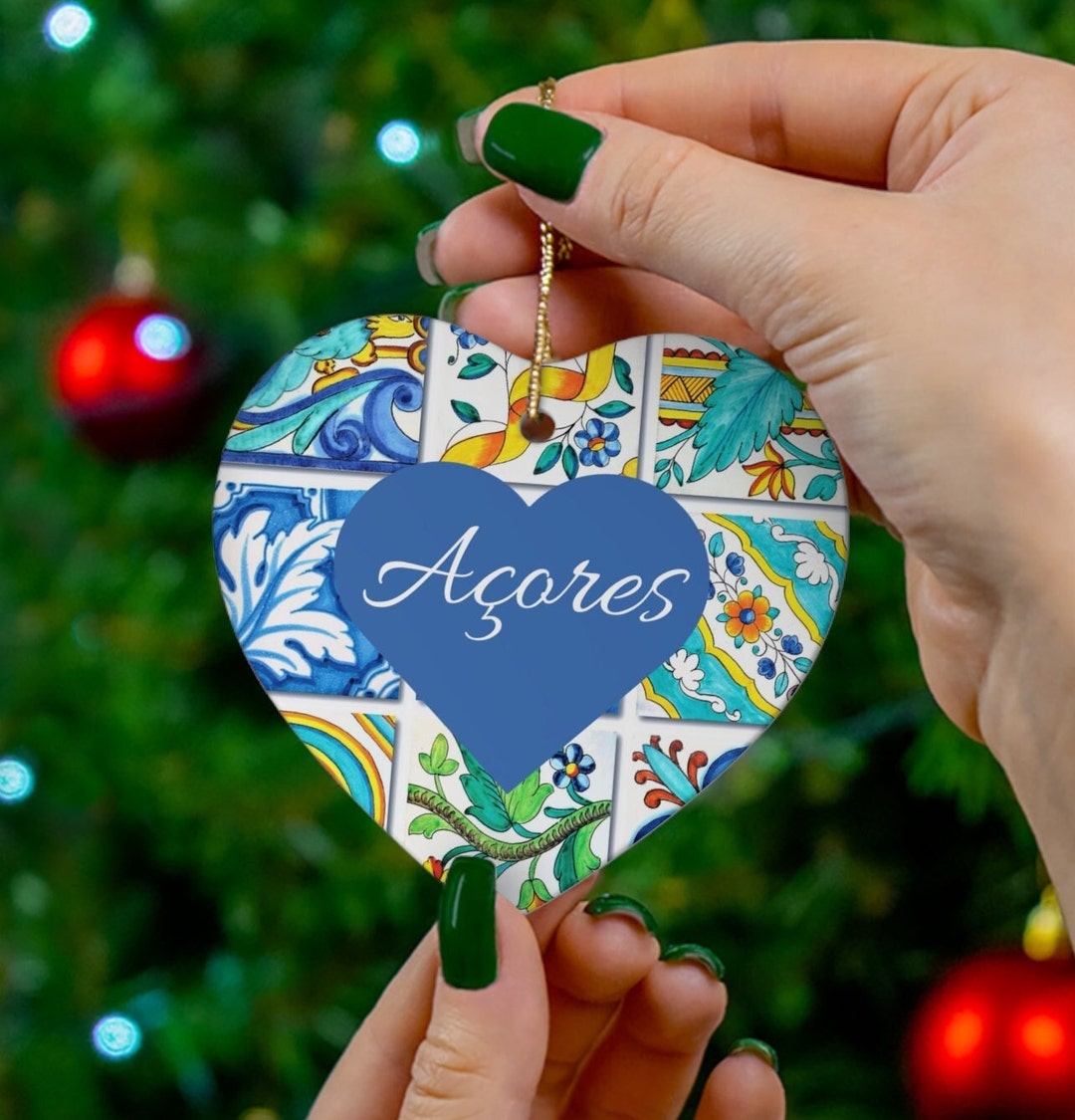Ceramic Ornament Personalized Portugal Açores Christmas Tree Ornament Blue Yellow Tile Azulejo