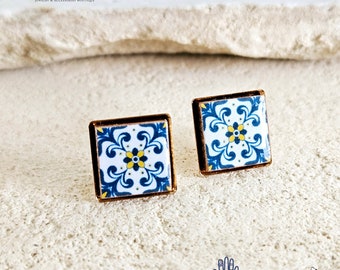 Portugal Blue Tile GOLD Stud Earring Small Square Tile Post Portuguese Azulejo Geometric Blue White Wife Gift Travel Handmade Jewelry Gift