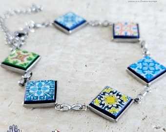 Portuguese Square Tile Bracelet Majolica Mixed Azulejos Bracelet Portugal Mismatched Women Gift Stainless Steel Colorful Handmade Bracelet