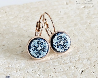 Portugal Blue Azulejo Earring ROSE GOLD STEEL Portuguese Tile Drop Earring Geometric Earring Majolica Blue Gold Tile Antique Azulejo Earring