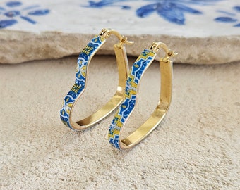 Heart Gold HOOP Tile Earring STEEL Portugal Azulejo Açores Flat Yellow Blue Hoop Historical Jewelry Anniversary Gift Tile Vacation Souvenir