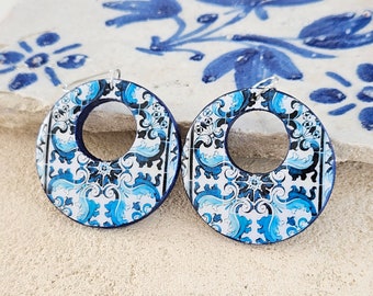 Portuguese Antique Tile Hoop Earring Douro Portugal Azulejo Blue Hoop Lightweight Tile Earrings Hoop Supersized Statement Wood Jewelry Hoop