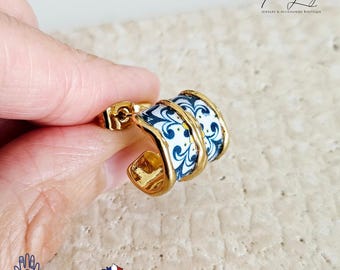 Portugal Tile Small HOOP Earring Flat GOLD Hoop Stainless STEEL Hoop Earring Vintage Blue Yellow Tile Portuguese Lisbon Travel Birthday Gift