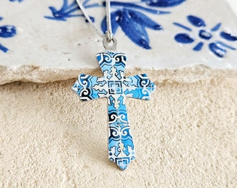 Blue TILE CROSS Necklace Stainless STEEL Azulejo Christian Gift Catholic Necklace Faith Gift for Soulmate Historical Portuguese Jewelry