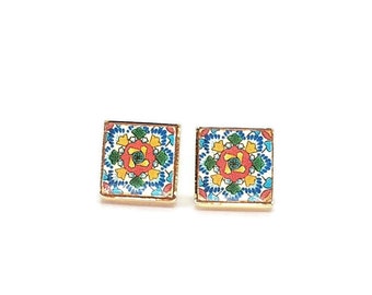 Small Mexican tile earrings Talavera colorful jewelry Mexico wedding jewelry Summer Small Stud Square tile stud Retro floral Tile studs